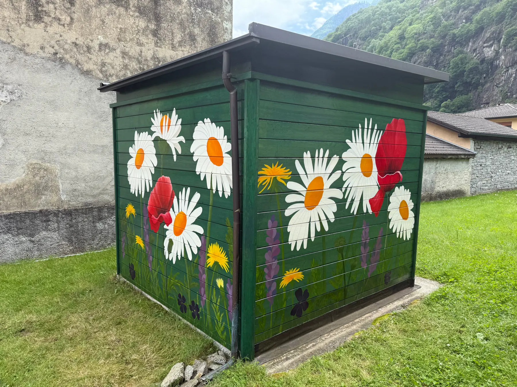 Casetta in legno verde da giardino dipinta con margherite e papaveri